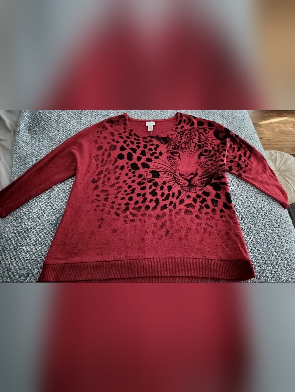 Chico's Weekends Red Leopard-Print Crewneck Sweater